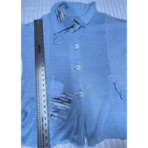 Jaskar Linen Blend Patchwork Button Front Knit Cardigan Sweater Pockets Blue - Picture 9 of 9